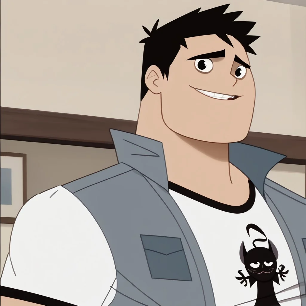score_9, score_8_up, score_7_up BREAK BiffyD, 1boy, short black hair, black eyes, open sleeveless gray jacket, short-sleeved white shirt with black accents, face view, face closeup, male, male focus, solo focus, alone, screenshot, official art, parody, cartoon footage, official design, screencap, cartoon screenshot, official screenshot, 2d, cartoon, source_cartoon, happy, smiling at viewer,