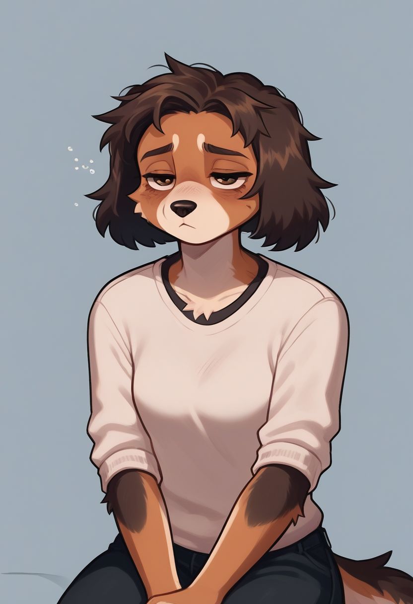 (easynegative 1) dog, sitting, tired, furry,  solo, anthro, cute art, simple  background, sleepy