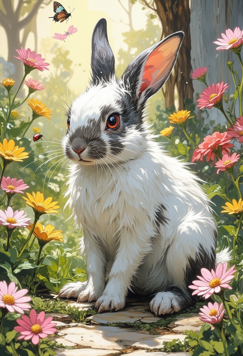 In a sunlit garden filled with colorful flowers, a tiny, fluffy bunny sits amidst a patch of vibrant daisies. The bunny's fur is a soft, snow-white with little patches of gray, and its big, round eyes shimmer with curiosity. Its oversized ears perk up at the slightest rustle, twitching adorably as it sniffs the air. Nearby, a ladybug crawls along a green stem, and the bunny watches intently, tilting its head in fascination. The garden is alive with color: pink and yellow blooms sway gently in the breeze, their petals glistening with morning dew. 
As the sun casts a warm glow, the bunny playfully hops around, its little paws barely making a sound against the lush grass. Every now and then, it pauses to nibble on a tender leaf, its tiny nose wriggling in delight. In the background, a whimsical butterfly flutters by, its colorful wings contrasting beautifully with the soft pastel hues of the flowers. The scene encapsulates pure innocence and joy, a snapshot of nature's adorable moments, where the simple act of a bunny enjoying its surroundings brings a smile to anyone who gazes upon it.