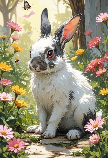 In a sunlit garden filled with colorful flowers, a tiny, fluffy bunny sits amidst a patch of vibrant daisies. The bunny's fur is a soft, snow-white with little patches of gray, and its big, round eyes shimmer with curiosity. Its oversized ears perk up at the slightest rustle, twitching adorably as it sniffs the air. Nearby, a ladybug crawls along a green stem, and the bunny watches intently, tilting its head in fascination. The garden is alive with color: pink and yellow blooms sway gently in the breeze, their petals glistening with morning dew.
As the sun casts a warm glow, the bunny playfully hops around, its little paws barely making a sound against the lush grass. Every now and then, it pauses to nibble on a tender leaf, its tiny nose wriggling in delight. In the background, a whimsical butterfly flutters by, its colorful wings contrasting beautifully with the soft pastel hues of the flowers. The scene encapsulates pure innocence and joy, a snapshot of nature's adorable moments, where the simple act of a bunny enjoying its surroundings brings a smile to anyone who gazes upon it.