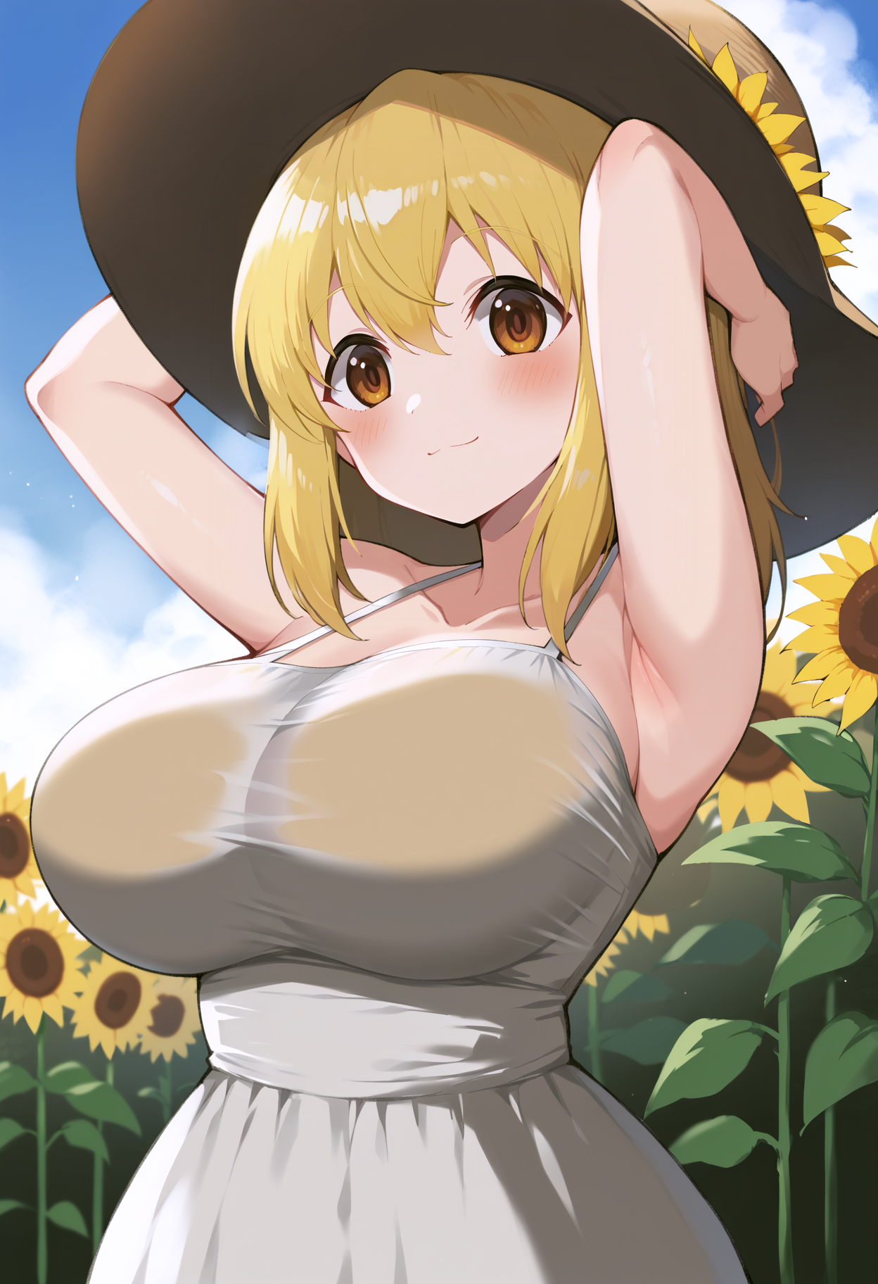 score_9, score_8_up, score_7_up, score_6_up, score_5_up, score_4_up, 
simple background, gradient background, 
refraction, caustics, rim lights, backlighting, bloom, 
BREAK
source_anime, day, outdoors, sky, flower field, sunflower, sunflower field, sunset, 
BREAK
1girl, sundress, sunhat, blonde hair, large breasts, see-through silhouette, happy, hair between eyes, 
arms up, armpits, light smile, 
<lora:Yabai_Gorilla-v1-PDXL:1>
