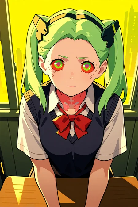masterpiece, best quality, absurdres,
<lora:ILERRebecca:0.8>
ERRebecca, 1girl, green hair, twin tails, red pupils, colored sclera, looking at viewer, cyberpunk, in classroom, school uniform, leaning against desk