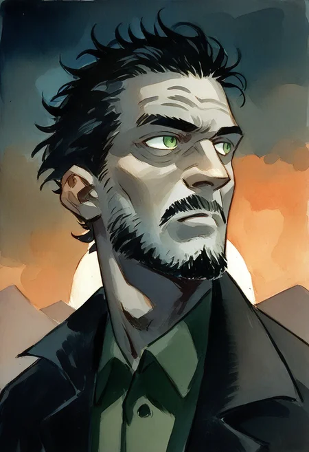 score_9, score_8_up, score_7_up, faux traditional media, painterly, watercolor painting,
1boy, solo, old man, beard, pale skin, scruffy hair, black hair, detective coat, green eyes, ((black pants)), sinister, looking to the side, dark background, sunrise,