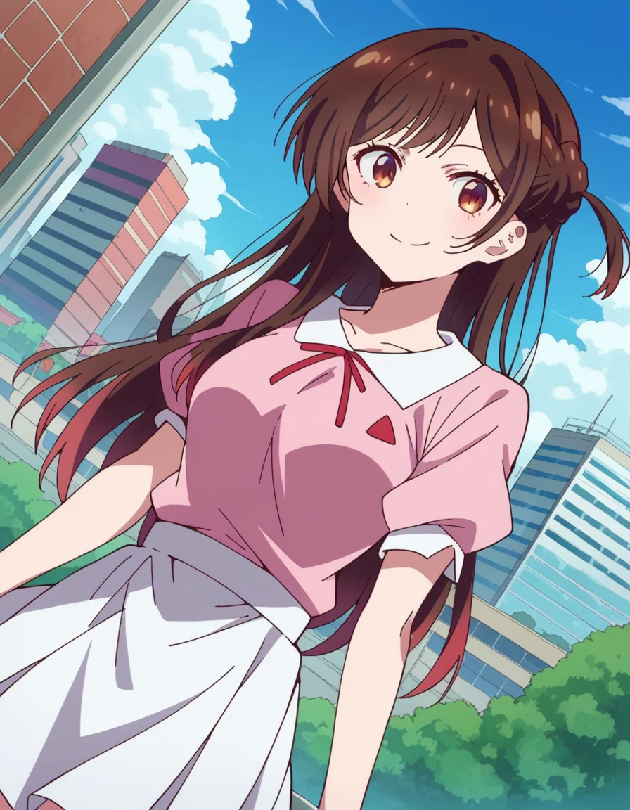 score_9, score_8_up, score_7_up, source_anime,
chizuruichinose, <lora:chizuru-ichinose-s1-ponyxl-lora-nochekaiser:1>,
chizuru ichinose, long hair, bangs, brown hair, brown eyes, one side up,
skirt, shirt, short sleeves, puffy sleeves, puffy short sleeves, white skirt, pink shirt,
outdoors, cityscape, smile,
looking at viewer, cowboy shot, solo, dutch angle,
