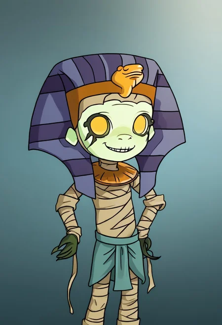 1boy, solo focus, Green Skin, Yellow Eyes, Egyptian Headdress, Mummy, Bandages, Loincloth, smile, missing teeth