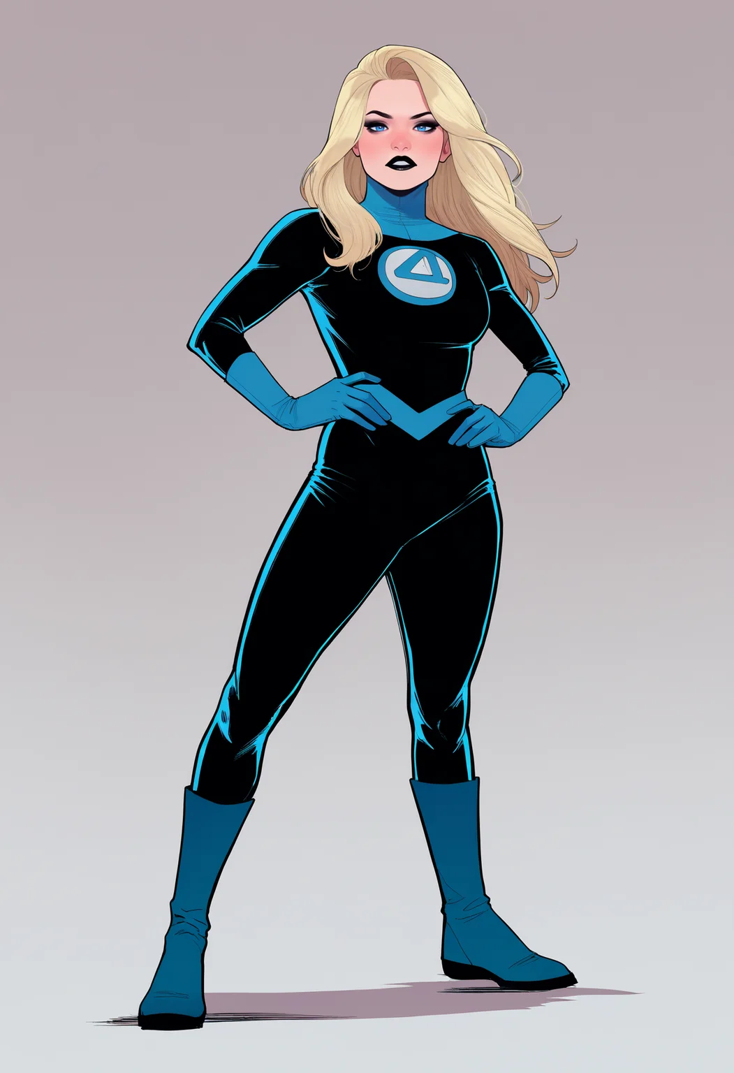 best quality, amazing quality, very aesthetic, absurdres,
1girl, susanrichards, blonde hair, long hair, blue eyes, black lips,
black bodysuit, blue turtleneck, gloves, boots,
hands on hips, looking at viewer, standing, full body, looking at viewer, solo, simple background, white background, <lora:SusanRichardsNoobXL_byKonan:1>