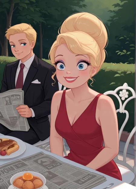 masterpiece, best quality, amazing quality, very aesthetic, absurdres, newest, detailed background, 4k, 8k, outdoors,
lottiexd, 1girl, blonde hair, newspaper, 1boy, table, blue eyes, dress, sitting, makeup, smile, fork, chair, food, formal, suit,
<lora:Charlotte_LaBouff_-_Disney_Illustrious:1>