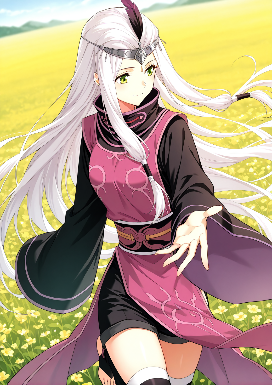 <lora:Xiao_Yi_Xian__Battle_Through_the_Heavens__Illustrious-000010:1>
1 girl, solo, green eyes, hair tubes, sidelocks, very long hair,
chinese clothes, robe, long sleeves, wide sleeves, circlet, thighhighs, toeless legwear, forehead protector, feathers, sleeves past fingers, black shorts, barefoot, white hair
score_9, score_8_up, score_7_up, very aesthetic, source_anime, detailed, high quality, beautiful, masterpiece, detailed eyes, field, blurry background, pose dynamic angle, upper body, cowboy shot, light smile, looking back, reaching out, floating hair