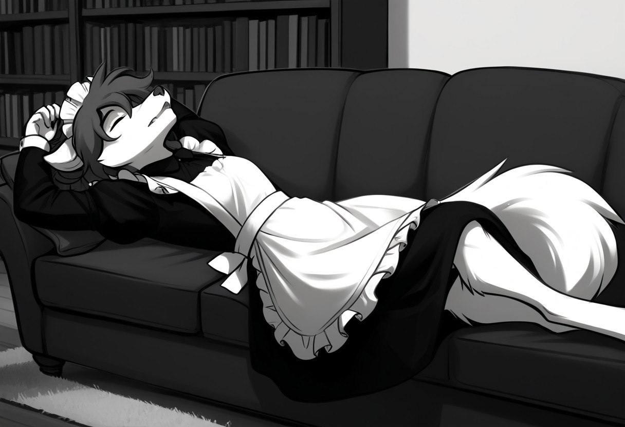 score_9, score_8_up, score_7_up, score_6_up, score_5_up, score_4_up, source_furry,
BREAK solo, furry female anthro, wolf, messy hair, small breasts,
((sleeping) on large (couch),  laying on back ,bookshelf, 
BREAK rose-twokinds, maid, madi apron, maid headdress, long sleeves, wolf tail, fluffy fur, open mouth, closed eyes,
BREAK 
Portrait, sketch, (graphite \(medium\):1.2),
rating_safe, masterpiece, best quality, very aesthetic, 4k, ultra detailed, hires, monochrome, white background,