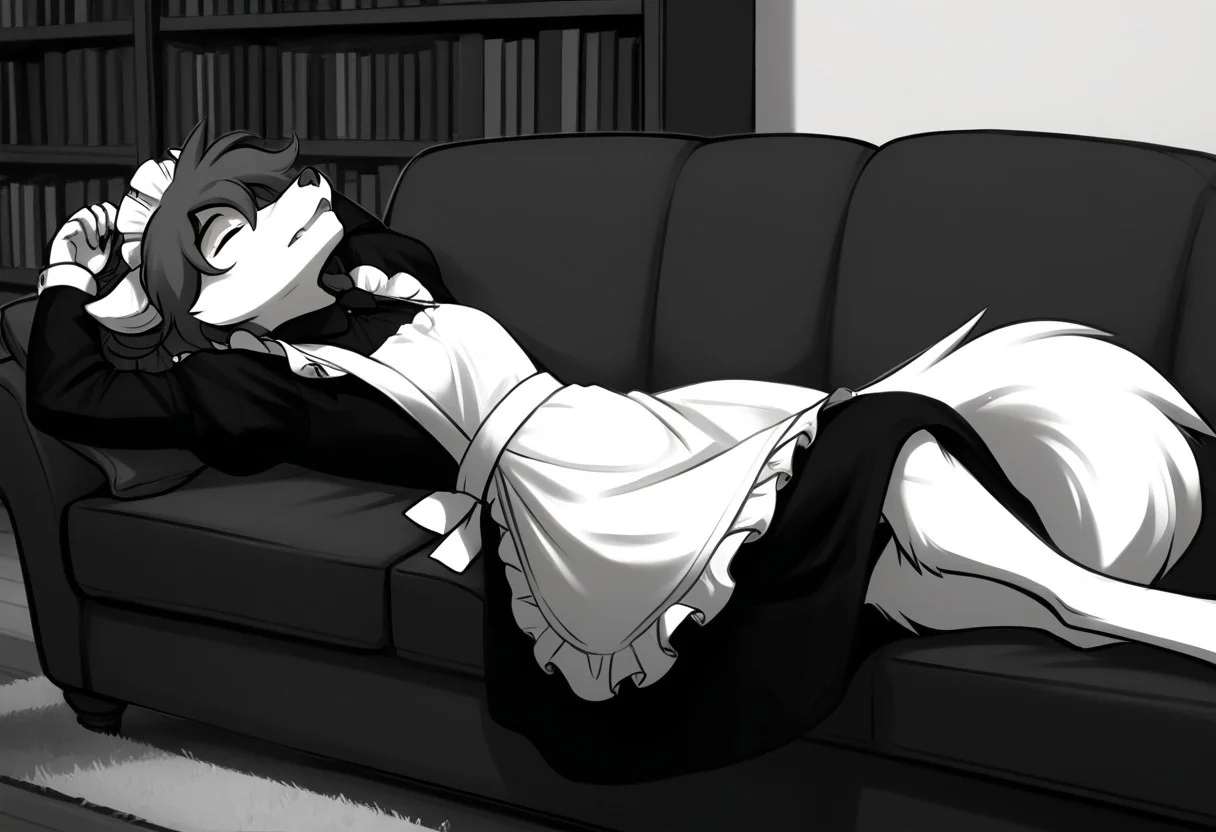 score_9, score_8_up, score_7_up, score_6_up, score_5_up, score_4_up, source_furry,
BREAK solo, furry female anthro, wolf, messy hair, small breasts,
((sleeping) on large (couch),  laying on back ,bookshelf, 
BREAK rose-twokinds, maid, madi apron, maid headdress, long sleeves, wolf tail, fluffy fur, open mouth, closed eyes,
BREAK 
Portrait, sketch, (graphite \(medium\):1.2),
rating_safe, masterpiece, best quality, very aesthetic, 4k, ultra detailed, hires, monochrome, white background,