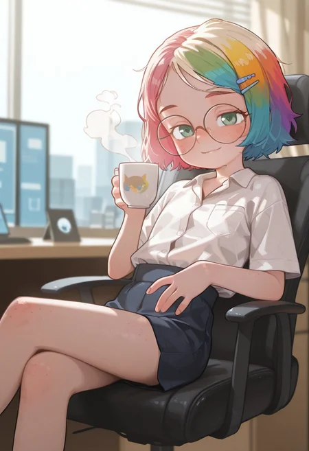 Flat colors, high detailed, high quality, masterpiece, best quality, very awa, absurdres, detailed eyes, detailed face, detailed skin, cinematic light, dynamic shot, BREAK (colorful:1.3), (cute character:1.5), Mycelia, rainbow colored hair, candy hairclip, round glasses, green eyes, freckles, petite, business suit, seated leaning back in gamer chair, holding cup of coffee, sly smile, professional office, short shirt, legs crossed seductively, thigh, imperious
