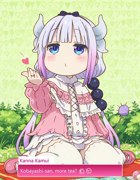 nsfw, highres, best quality, masterpiece, fairy tale kawaii style 1girl, sitting on ground, blowing a kiss, smiling, in love, happy, picnic, nature background, ribbon hair, wedding ring, golden necklace, stockings, heart background, pink and red hearts, cute, adorable, brightly colored, cheerful, anime influence, highly detailed, magical, fantastical, enchanting, storybook style, highly detailed, haiz ai, Kanna Kamui, White-lavender hair, Hair styled into odango, Blue eyes, Pale skin, Gothic ta style clothing, White frills, Chubby cheeks, Small horns, Dragon tail, White stockings, Kanna Kamui
