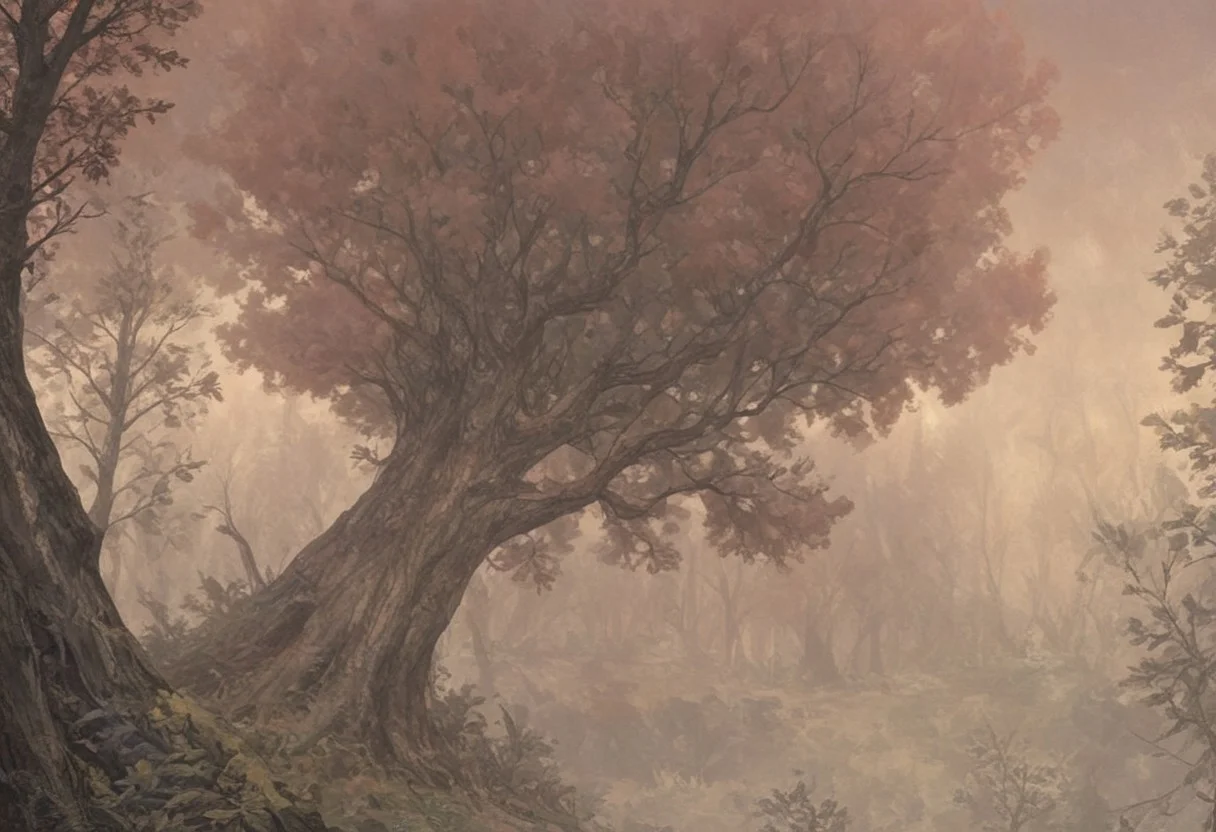 score_9, score_8_up, score_7_up, score_6_up, lanscape, very Peaceful, forest, large and tall trees, giant forest, sunset central focus is an ancient old oak tree