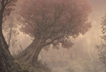 score_9, score_8_up, score_7_up, score_6_up, lanscape, very Peaceful, forest, large and tall trees, giant forest, sunset central focus is an ancient old oak tree