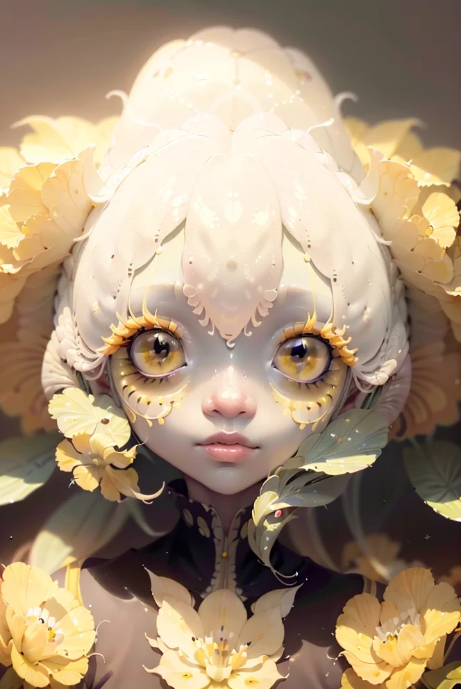 best quality, masterpiece, a portrait of a creature <lora:25_preal_1v5_768_0001BD5e_NR128NA128off:0.8> mix_\(flower\), yellow , white, flower,