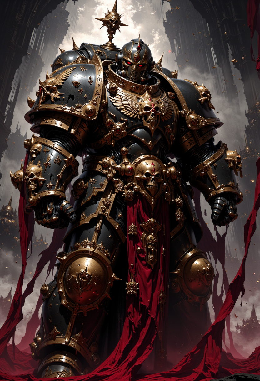 A heavily armored figure in a futuristic, gothic style. The subject is a warrior clad in ornate UltraM40k armor adorned with gold accents and intricate details, including skull motifs and winged emblems. The armor is massive and imposing, with a helmet that has a red visor and a halo-like structure above it. Red tattered cloths are draped around the armor, adding a dynamic element to the composition. The background is a mix of dark and light tones, with abstract shapes suggesting a dramatic, battle-like scene.   <lora:dark_fantasy_flux:0.83> <lora:FredFraiStyle-FLUX-Share:0.63>, <lora:FluxMythP0rtr4itStyle:0.33> mythp0rt <lora:FluxUltraM40k:0.7> UltraM40k