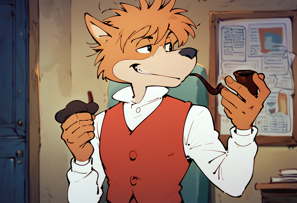 score_9, score_8_up, score_7_up, best quality, hires, male, sherlock hound, furry, vest, messy hair, white shirt, solo, room, amazing background, upper body, smug, holding object, smoking pipe, <lora:Sherlock_Hound_Meitantei_Holmes:1>