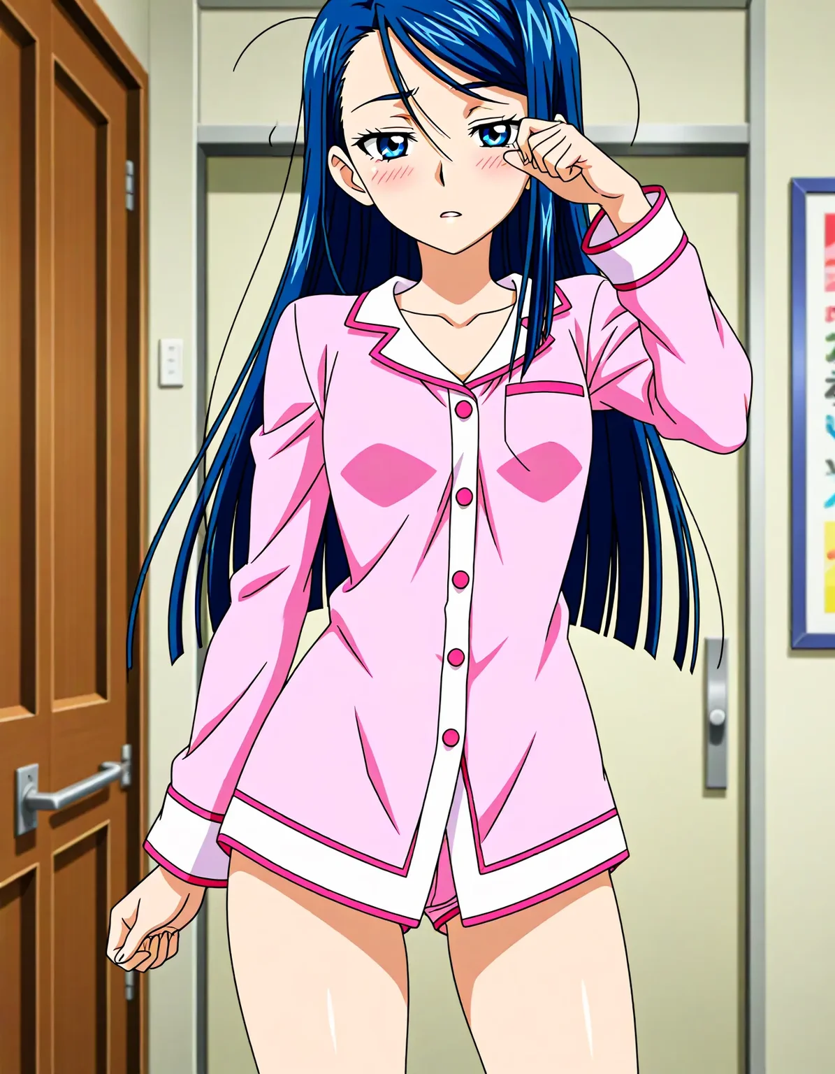 <lora:dmd2_sdxl_4step:1>,1girl,official style,masterpiece,best quality,newest,very aesthetic,highly detailed,high resolution,absurdres,highres,depth of field,super detailed skin,very awa,Anime,anime coloring,anime screencap,<lora:cure_aqua_v1:1>,minazuki karen,thighs,abstract_background,blush,stylish_pose,pajamas,sleepy,