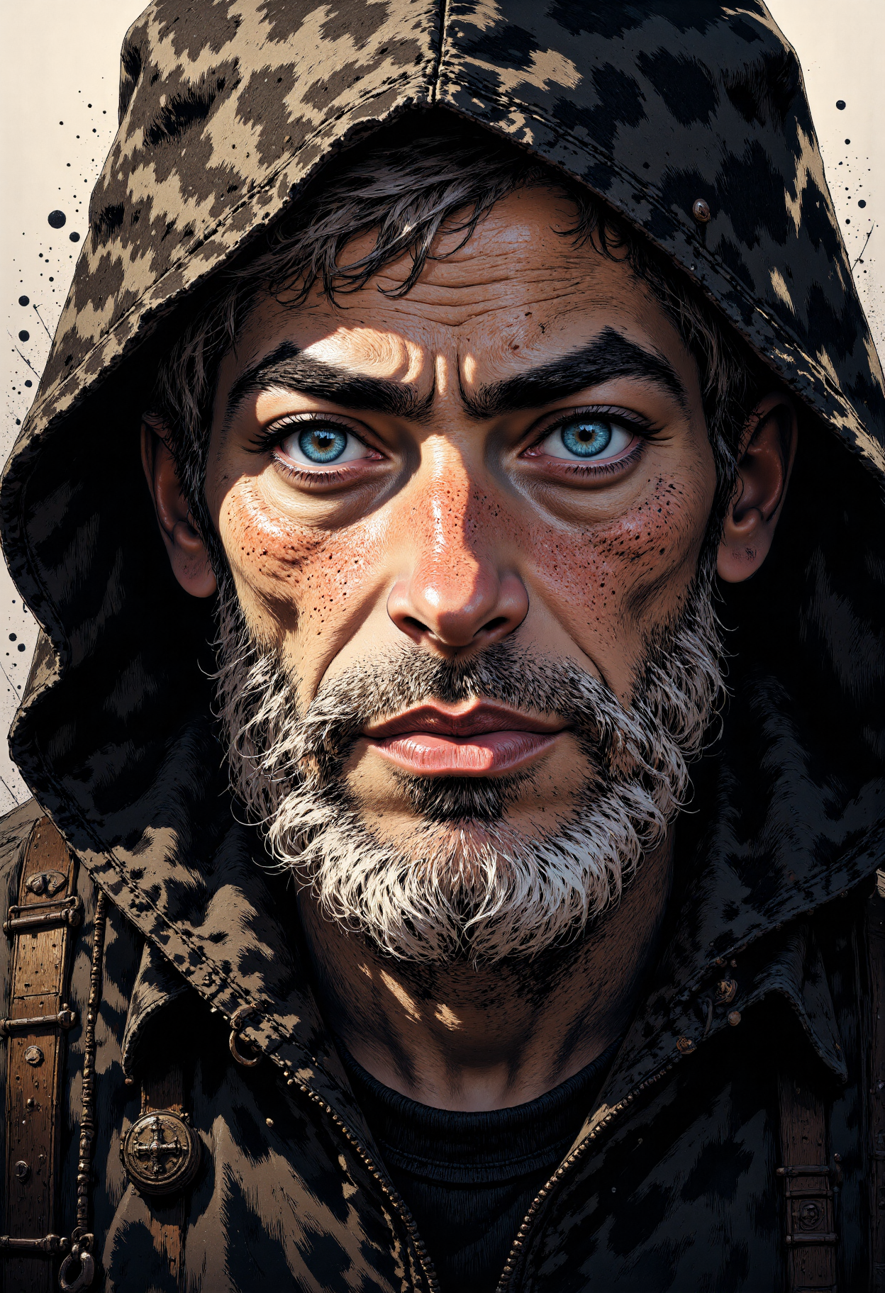 MysticComic, This captivating close-up portrait reveals the weathered visage of an elderly man, his piercing green eyes fixed intently on the viewer. The subject's face is a topographic map of deep lines and creases, etched into his skin like the pages of a well-worn book. A thick, silver-gray beard cascades down his chest, its wispy tendrils framing his stern expression. A hooded cloak, intricately patterned with black and white florid motifs, envelops his head, its golden trim glinting in the soft, diffused light.  The subject's eyes seem to bore into the soul, their intensity heightened by the faint creases etched into his brow. A hint of a scowl plays on his lips, as if he's about to utter a stern rebuke. The overall effect is one of quiet authority, the subject's rugged, weathered features commanding respect.  The image is shot from a low angle, the camera positioned to accentuate the subject's imposing presence. The lighting is soft and diffused, with a subtle golden glow that adds a sense of depth and warmth to the scene. The style is reminiscent of Renaissance portraiture, with a focus on capturing the subject's inner character.<lora:CustomFlux/MysticComic-v2.safetensors:1.0:1.0>