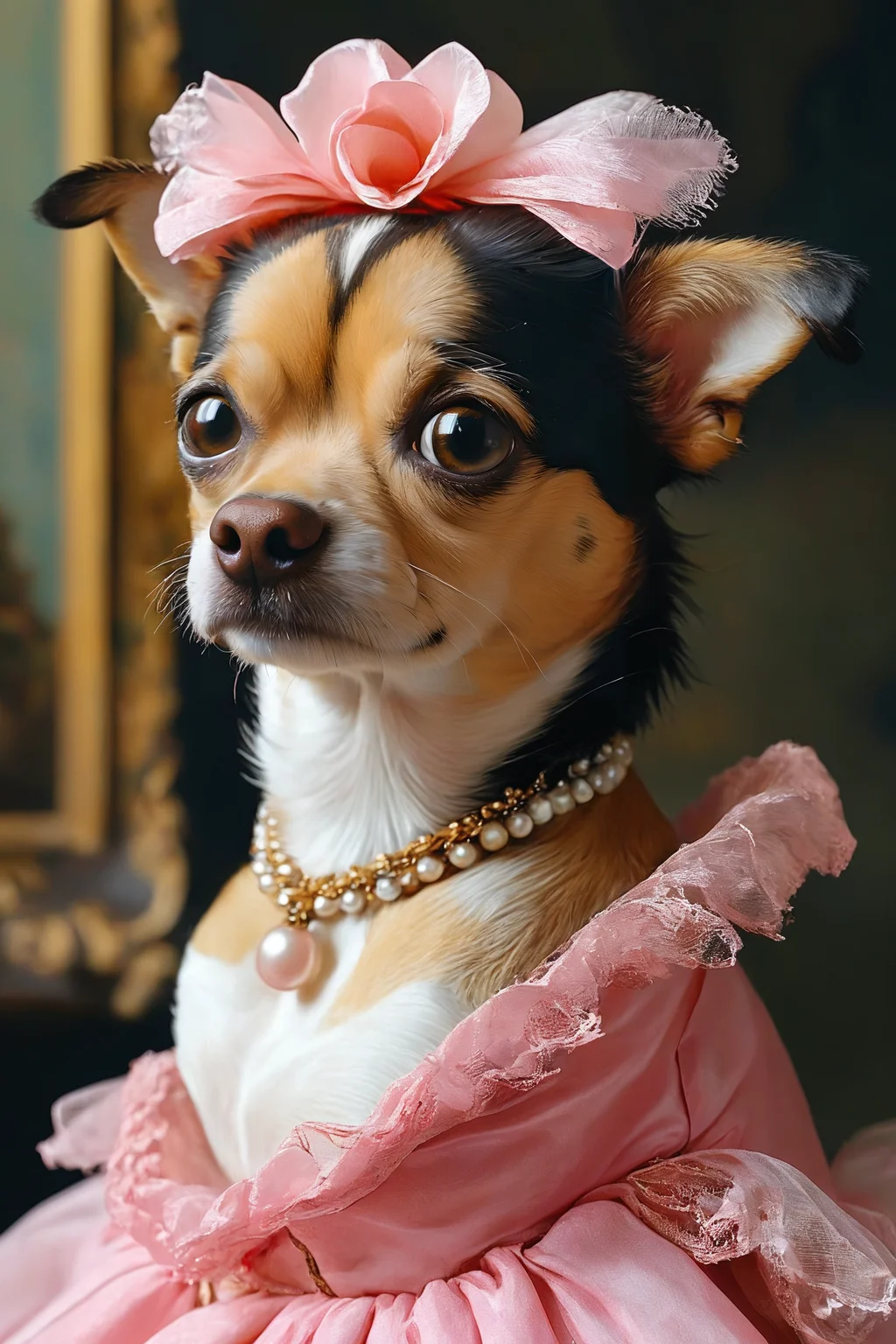 Painting of a bug-eyed nervous chihuahua wearing a pink tutu inspired by Girl With The Pearl Earring. Girl with a Pearl Earring (Dutch: Meisje met de parel)[1][2] is an oil painting by Dutch Golden Age painter Johannes Vermeer, dated c. 1665. Going by various names over the centuries, it became known by its present title towards the end of the 20th century after the earring worn by the girl portrayed there.[3] The work has been in the collection of the Mauritshuis in The Hague since 1902 and has been the subject of various literary and cinematic treatments.
<lora:detailed_notrigger:0.6> <lora:SDXLFaeTastic2400:1> <lora:MJ52:0.8> (Photography, Ultrarealistic, 3D Illustration, Exquisite Detail)