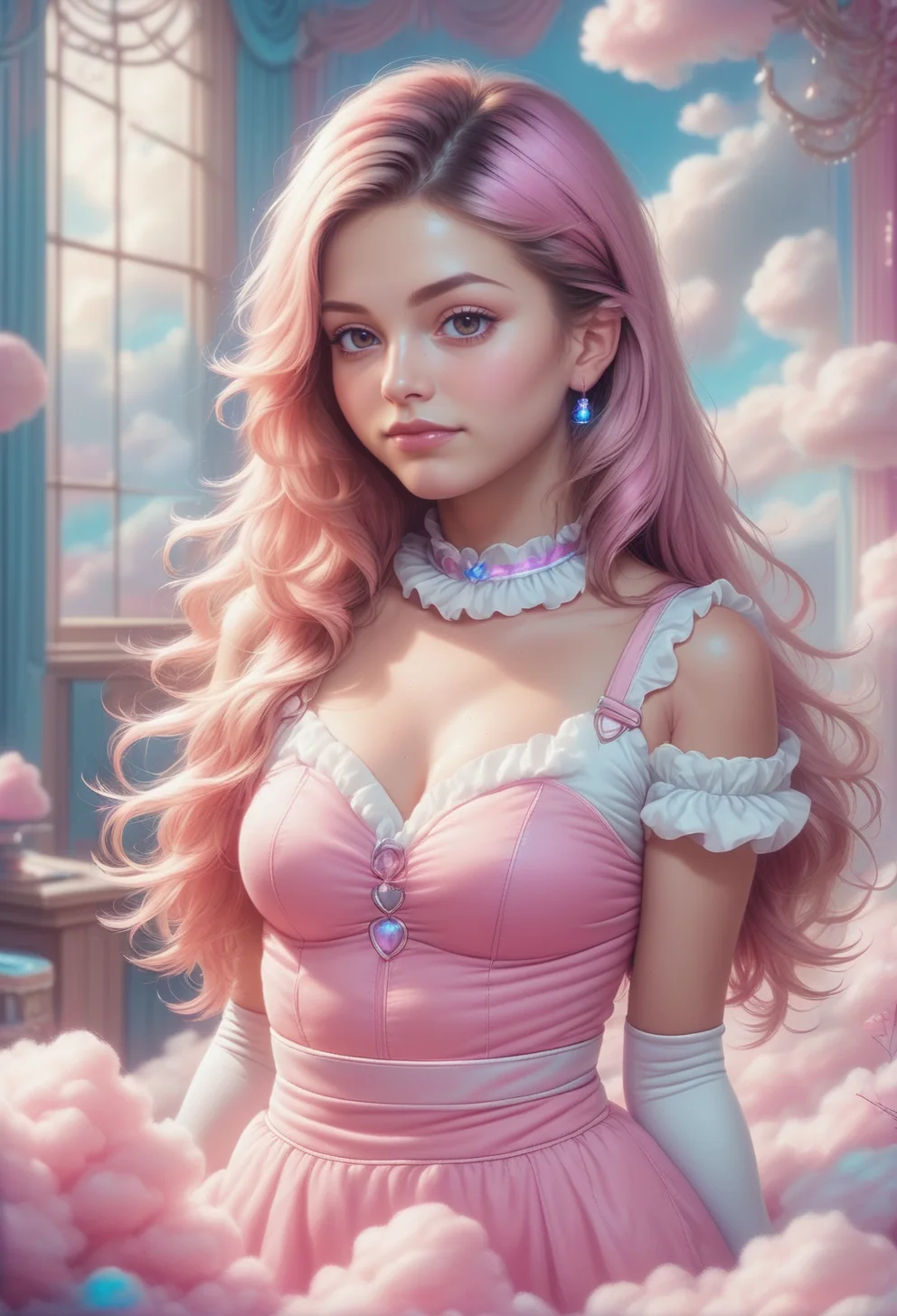 ruffled princess dress made out of cottoncandy <lora:SDXLCottonCandy:1> , upper body, dolleijSDXL01 <lora:DolleijSDXL01:0.9>,, posing cheekily, <lora:SDXLFaeTastic2400:0.4> (((masterpiece))) , (((best quality))) , 2d, (adorable 1girl, solo:1.3) , her hair is Intricate, Smartwatch, simple background, Simple and clean, Satisfying, Animecore, studio lighting, Magenta color grading, theatrical, holy, vibrant, atmosphere, luxurious, dynamic dramatic composition, posing cheekily in front of fairy tail wood