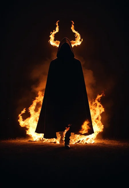 score_9, score_8_up, score_7_up, source_photo,
realistic, front view, hooded figure, 1male, (obscured face, cloak), photograph, (circle of fire, burning, behind), ((flame horns)), rim light, high contrast, contour light, backlighting, silhouette, dark background,