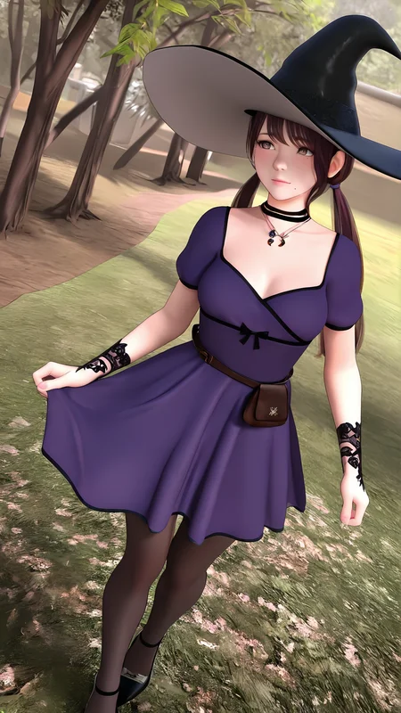 amazing quality,absurdres,best quality,masterpiece,highres,newest,detailed,detailed body,detailed face,masterpiece,best quality,solo,3d,realistic,
qwfashi,1girl,witch hat,solo,dress,witch,twintails,mole,choker,jewelry,brown hair,long hair,short sleeves,high heels,pantyhose,<lora:qwfashi:0.8>,