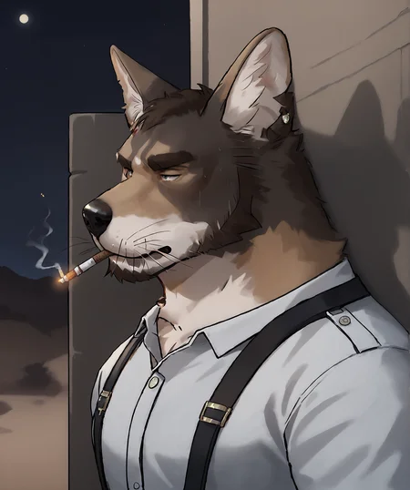 score_9, score_8_up, score_8, (face close-up), night, low-light, cold-night, smooth, anime, BREAK
1boy, male focus, bara, hazzle eyes, uncensored, furry, solo, furry male, muscular male, watch, muscular, pectorals, wristwatch, tail, animal ears, stomach, thick eyebrows, large pectorals, dog boy, mature male, brown fur, short hair, facial hair, whiskers, dog ears, white fur, body fur, dog boy, dog tail, from side, leaning on building, cigarette, cigarette in mouth, cigarette smoke, white button-up, suspenders, close-up, notched ear
desert, arizona desert, old-timey, night, outdoors, night, night sky, dark background, detailed background,
<lora:William:0.6>, <lora:Smooth Anime Night Style SDXL_LoRA_Pony Diffusion V6 XL:1>