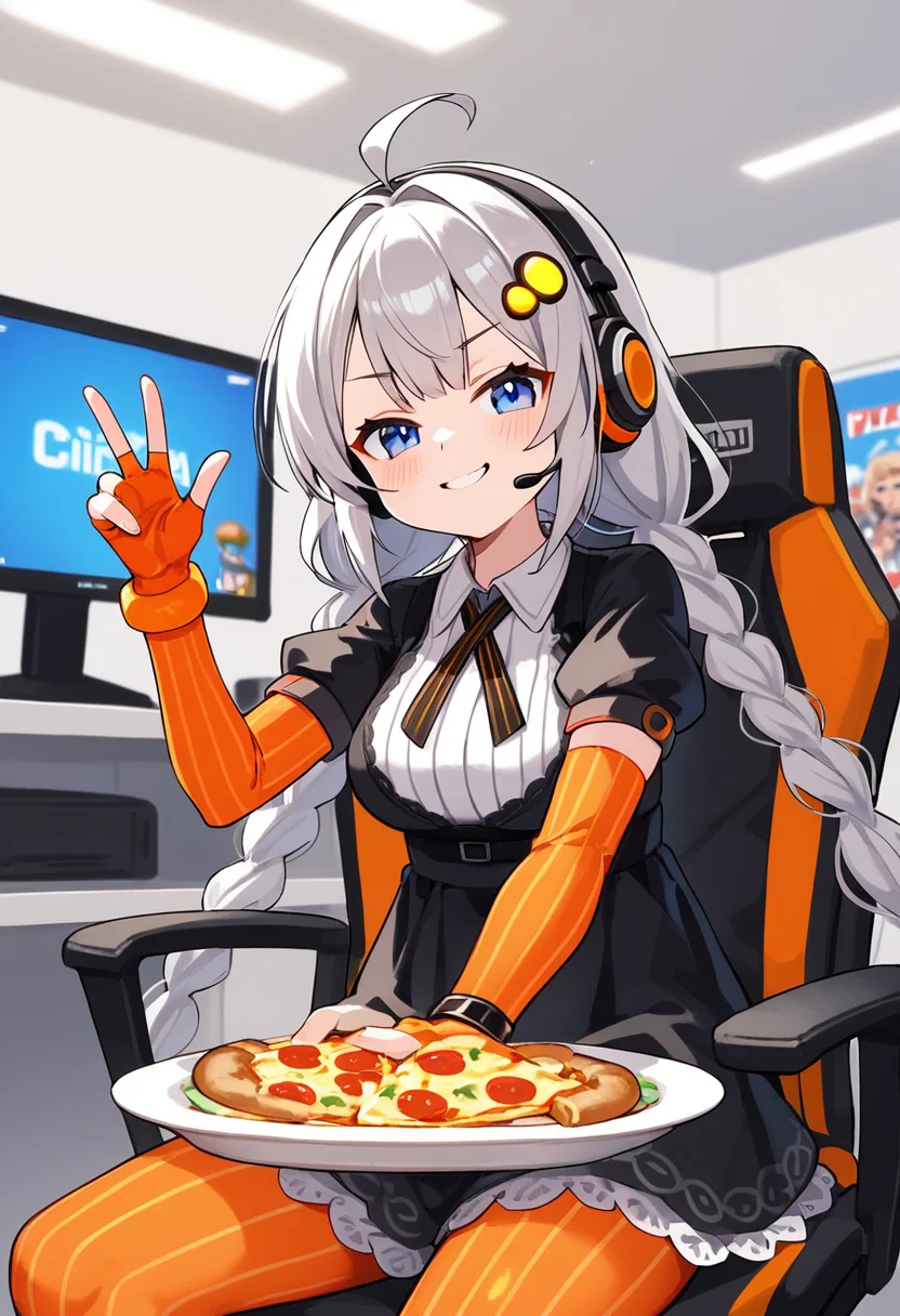 score_9, score_8_up, score_7_up,
<lora:KizunaAkari_MMD_Pony_V1:0.95>blue eyes, grey hair, ahoge, twin braids, braid, very long hair, hair ornament, hair tubes, headphones, headset,
black dress, lace-trimmed dress, short sleeves, puffy sleeves,
orange gloves, striped gloves, elbow gloves, fingerless gloves, bracelet,
orange pantyhose, striped pantyhose,
star print, star (symbol), vertical stripes,
from below,, look at viewer,, Face,,
Streamer room, gaming chair, gaming PC, game equipment, controller, TV monitor, PC monitor, headphones, headset, anime poster, game poster,foods, Holding food ,hamburgers, pizza, french fries, junk food,
smile,upper body,huge brests,
smug, smirk, blush,peace sign,