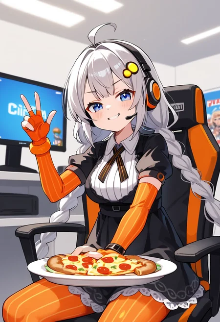 score_9, score_8_up, score_7_up,
<lora:KizunaAkari_MMD_Pony_V1:0.95>blue eyes, grey hair, ahoge, twin braids, braid, very long hair, hair ornament, hair tubes, headphones, headset,
black dress, lace-trimmed dress, short sleeves, puffy sleeves,
orange gloves, striped gloves, elbow gloves, fingerless gloves, bracelet,
orange pantyhose, striped pantyhose,
star print, star (symbol), vertical stripes,
from below,, look at viewer,, Face,,
Streamer room, gaming chair, gaming PC, game equipment, controller, TV monitor, PC monitor, headphones, headset, anime poster, game poster,foods, Holding food ,hamburgers, pizza, french fries, junk food,
smile,upper body,huge brests,
smug, smirk, blush,peace sign,