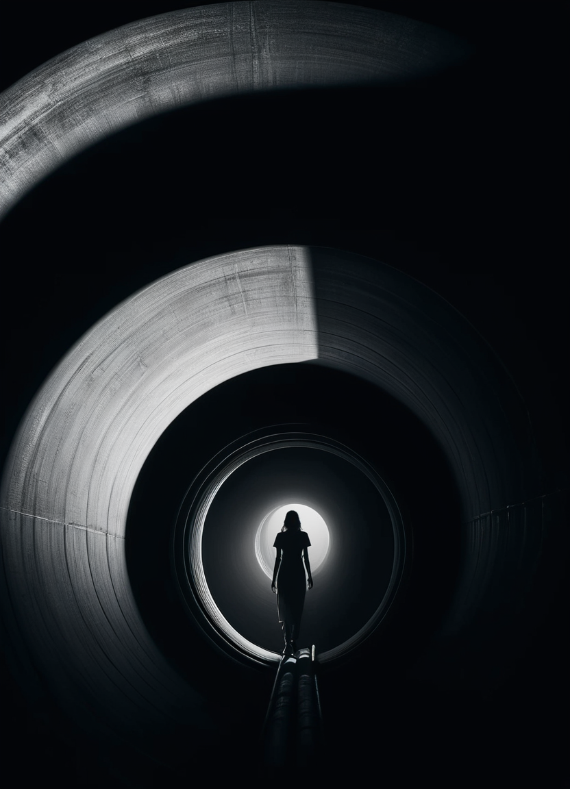 very distant figure of a woman in a huge pipe, 8k, sharp shadows, long shadows, black and white, ral-chrosc-bw, <lora:ral-chrosc-bw:1>