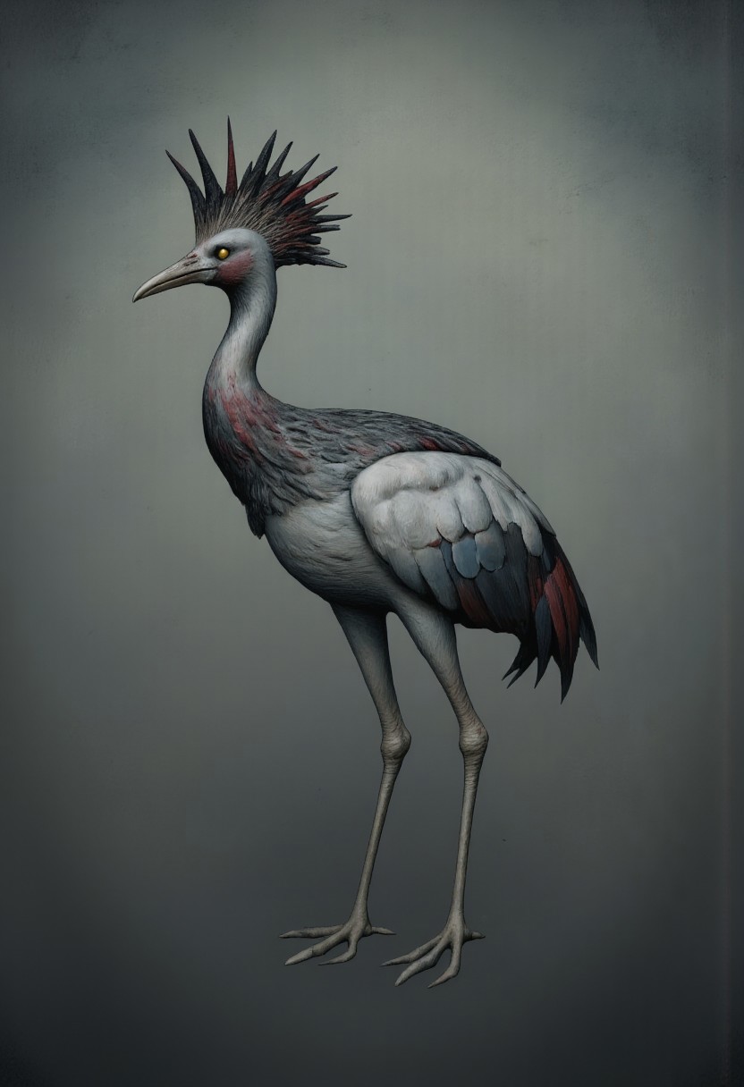 aidmaMJ6.1, Made out of paper, a PaperStyle , d4artstyle, d4concept, , d00mstyle, made of clay, ZBClay model of a gray sculpture
A majestic bird resembling a crane, with elegant and slender features. Its plumage is a blend of soft greys and whites, with darker feathers adorning its wings and tail, giving a striking contrast. The head is crowned with a distinctive crest of spiky black and red feathers, adding a regal and fierce appearance. The bird's eyes are sharp and alert, glowing with a golden hue that conveys intelligence. It stands on long, thin legs that appear delicate yet sturdy, ending in pointed claws. The beak is long and narrow, perfect for striking or probing. The overall design emphasizes both grace and wildness, evoking a sense of ancient nobility in the creature's form.
Background solid color with a faded dimly lit, fog-covered darkness tone that emphasizes its silhouette. 
 The medium is not a traditional painting or illustrative medium like watercolor or ink but rather a digital rendering, eerie and unsettling.