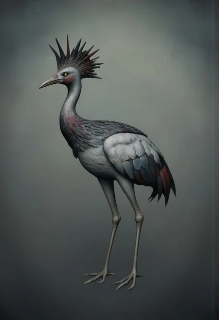 aidmaMJ6.1, Made out of paper, a PaperStyle , d4artstyle, d4concept, , d00mstyle, made of clay, ZBClay model of a gray sculpture
A majestic bird resembling a crane, with elegant and slender features. Its plumage is a blend of soft greys and whites, with darker feathers adorning its wings and tail, giving a striking contrast. The head is crowned with a distinctive crest of spiky black and red feathers, adding a regal and fierce appearance. The bird's eyes are sharp and alert, glowing with a golden hue that conveys intelligence. It stands on long, thin legs that appear delicate yet sturdy, ending in pointed claws. The beak is long and narrow, perfect for striking or probing. The overall design emphasizes both grace and wildness, evoking a sense of ancient nobility in the creature's form.
Background solid color with a faded dimly lit, fog-covered darkness tone that emphasizes its silhouette.
The medium is not a traditional painting or illustrative medium like watercolor or ink but rather a digital rendering, eerie and unsettling.