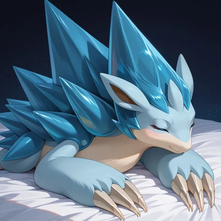 score_9, score_8_up, score_7_up, score_6_up, source_anime, A_Sandslash, solo, feral, pokemon (creature), light blue body, white snout, long claws, spikes, thick tail, full body, laying on stomach, laying on bed, eyes closed, dark room,