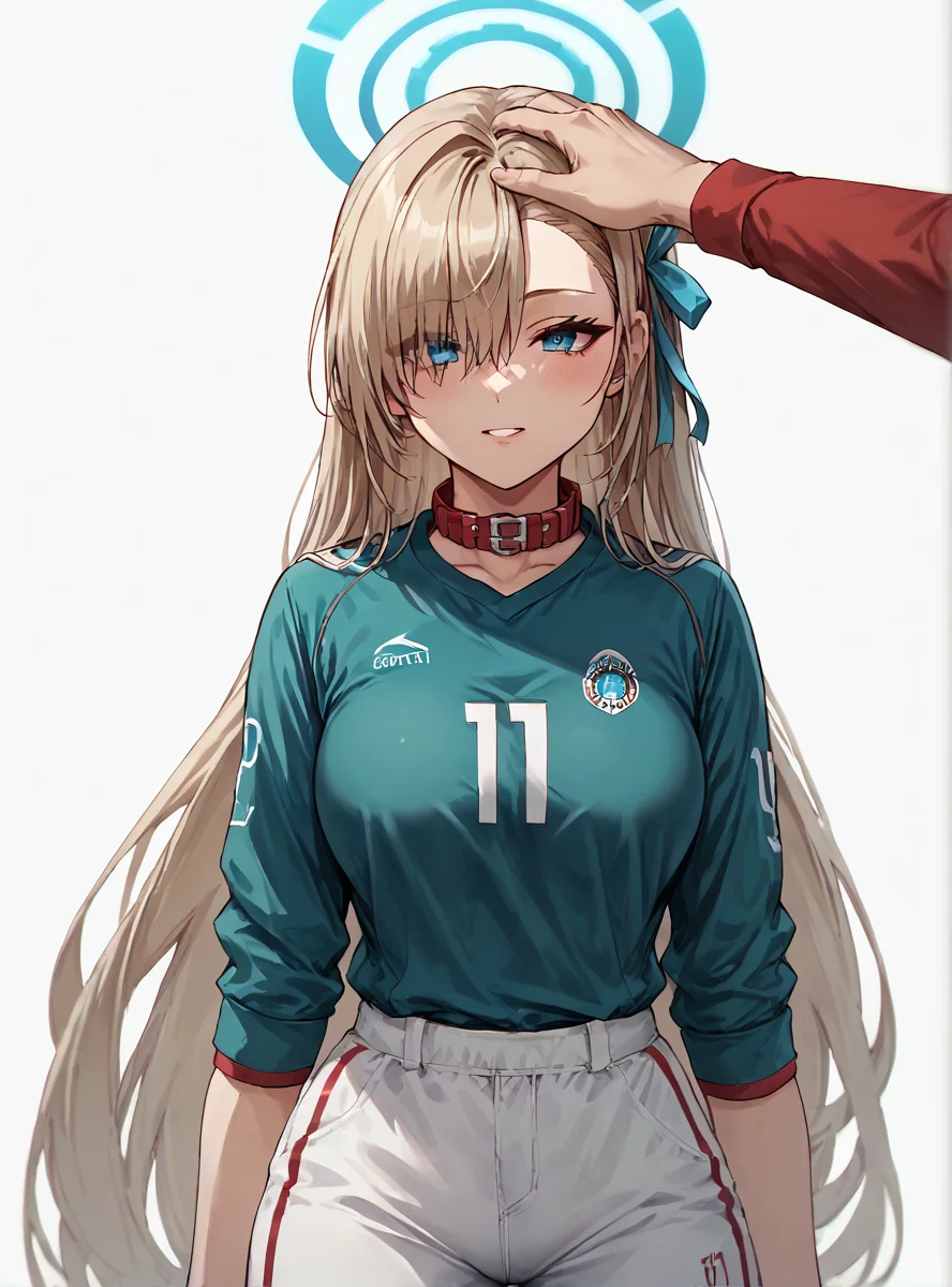 perfect eyes,high quality,highres,zPDXL3 BREAK score_7_up,source_anime,score_8_up,score_9,simple background,<lora:asuna-ichinose-ponyxl-lora-nochekaiser:0.9>,asuna ichinose,blonde hair,blue eyes,hair bow,hair ornament,hair over one eye,halo,long hair,mole,mole on breast,mechanical halo,shorts,((1girl)),2d,solo,<lora:Mexico_2002_Jersey:0.8>,mexico02,sportswear,soccer uniform,white shorts,red collar,dark green jersey,red socks,<lora:Headpat_XLPD:1>,headpat,pov hands,white background,portrait,