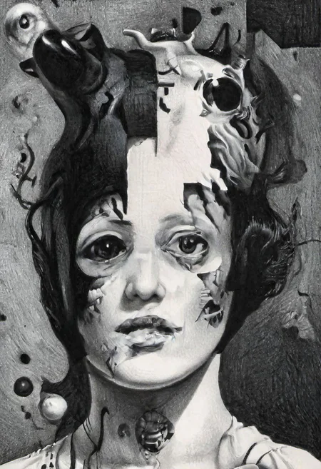 Monochrome black and white, Giger, Beksinski, Zawadzky, Dali, Magritte, Delvaux, Bellmer, Malevitch, Rodchenko, Mondrian, Kandinsky, Popovna, psychedelic hallucination, pop surrealism, rough crosshatch drawing pop art Lunatic_Portrait of a young woman in latex Avant-garde Fashion page, slick back, low bun, black makeup, sinister expression, intense glare, avant-garde, abstract, weird, geometric, constructivism, suprematism, rayonism, verticism, lineism, tj, Avant-garde Fashion page, Lunatic_Portrait, pop surrealism, pop art, drawing, painting, tj, JimmyAlonzo, Surreal psychedelic bizarre, pencil, drawing, by Brian Selznick, JuggernautNegative, jorg karg