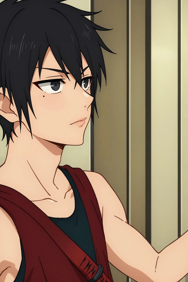 score_9, score_8_up, score_7_up, source_anime, rating_safe, , anime screencap, anime coloring, , , , 1boy, solo, male focus, <lora:hatz_kami_no_tou_pony:0.88>, hatz_kami_no_tou, black hair, black eyes, short hair, , mole under eye, katana, tank top, close-up, workshop, day, sunny, legs up, distracted, aloof, oblivious, , <lora:sdxl_lightning_8step_lora:1>