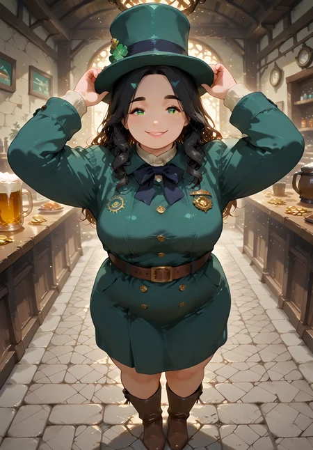 IllusP0s, PonyScores7, source_anime, ah1, IllustriousQual, interesting, exciting, spectacular, wonderful, amazing quality, absolutely eye-catching, 
BREAK <lora:xl_more_art-full_v1:0.2>, <lora:aesthetic_anime_v1s:0.2>, <lora:EpicF4nta5yXL:0.2>, <lora:detailxl:0.2>, detailxl, <lora:Fant5yP0ny:0.2>, amazing quality, best aesthetic, absurdres, illustration, Volumetric_Lighting, ultra-detailed, very aesthetic, intricate details, best_quality, <lora:Add_Details_v1.2:0.4>, <lora:quality_modifiers_masterpieces_v1:0.2>, <lora:ZootPonyAnime_V1_r2:0.2>, <lora:Bestifacator2:0.2>,
BREAK ((She stands with her hands clasped behind her head, stretching her back)),
BREAK Stable_Yogis_PDXL_Positives, AS-Adult, <lora:Complicated fantasy portrait - XL Pony V2.0:0.2>, bad-hands-5, <lora:HDA_Detailer:0.3>, <lora:natsumi_style:0.5>, <lora:by_usakun-pony:0.4>, by usakun, <lora:Akina_Bbw_Style_-_PonyXL:0.2>, AkinBw, ((winter fashion style, designed for cold weather, features cozy and warm clothing, comfort and chicness)),
BREAK 1girl, mature female, (curvy), round-chin, caucasian, <lora:ETO_OC_Illustrius:0.5>, eto_oc, skindentation, (plump), thick thighs, wide hips, busty, voluptuous, <lora:venus body PonyXL:0.3>, <lora:shinyskin2:0.2>, glistening skin, HDA_FatGirlXL, round ass, large breasts, <lora:plussizegirls_IL:0.3>, <lora:plussizegirls_pony:0.3>, <lora:perfection style:0.2>, perfection style, perfection, 
BREAK ((<lora:ShamrockWorld_IXL:0.2>, shamrockworld, clover, four-leaf clover, cup, green theme, bow, holding pint of beer, jewelry, <lora:illustrious_Leprechaun:0.2>, illustrious Leprechaun, green hat, belt, brown footwear, green dress, top hat, buttons, gold coins, boots, green headwear, green coat)),
BREAK (curly hair), long hair, (black hair:1.4), (parted hair:1.7), messy hair, kinky curls, <lora:hairdetailpxl:0.2>, hairdetailpxl,
BREAK (half green and brown eyes), (colorful eyes), (multicolored eyes), (downturned eyes:1.4), expressive eyes, <lora:perfect-eyes:0.4> perfecteyes , EyesHD, (round face:1.2), (thick eyebrows:1.3), (plump face), <lora:Round_face:0.2>, lips, <lora:DetailedEyes_xl_bdsqlsz_V1:0.2>, <lora:Eyes_Lora_Pony_Perfect_eyes:0.2>, <lora:focusoneyes:0.2>, <lora:cinematic eye color style illustrious v1:0.2>,
BREAK ((happy expression, smiling at viewer)), <lora:Expressive_H:0.2>, Expressiveh, <lora:Emotional_Anime_Expressions_PonyXL_Concept:0.2>, emotional, <lora:Best_Facial_Expression_LoRA_PONY:0.2>, looking at viewer, <lora:Detailed expressive EXEV style -XL Pony V1.0:0.2>, FaceDetail, <lora:Best_Facial_Expression_Helper_XTREME_ILLU:0.4>, kaogei,
BREAK (((ireland, irish pub))), <lora:Background Detailer - SDXL:0.8>, 4k, 8k, Ultra HD, Masterpiece, Best quality, Detailed background, <lora:Add_more_details_V2_XLpony:0.2>, full_details, <lora:background-type1:0.2>,