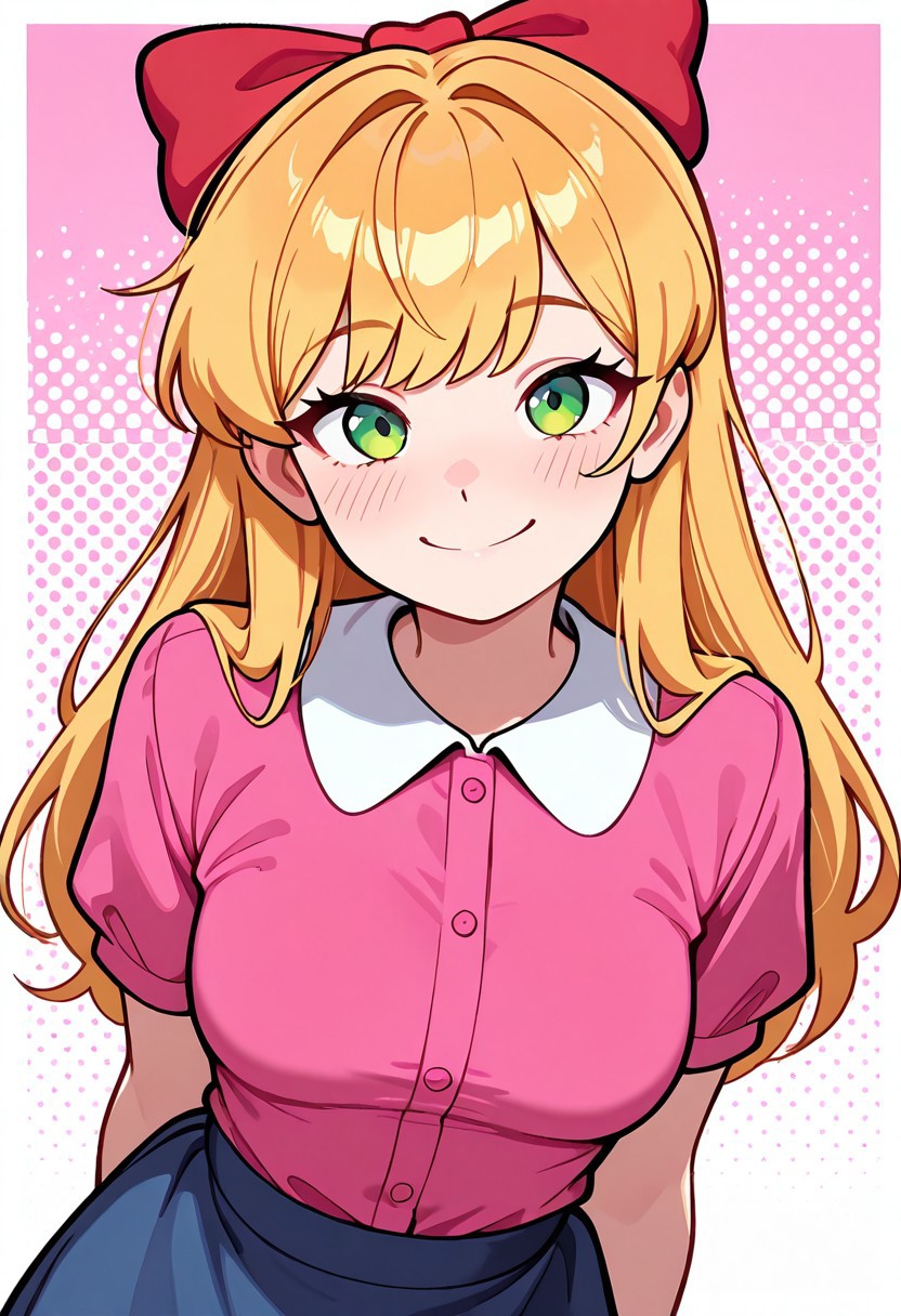 masterpiece, best quality, amazing quality, very aesthetic, absurdres, newest, detailed background, foreground blur, (( cartoon,  )),
elizabafton, 1girl, red bow , hair bow, long hair,  blonde ginger, hair, green eyes, short sleeves, bright pink buttoned shirt, blue skirt, medium breasts, looking at viewer, smile, pink background,  
upper body, halftone effect, white borders, abstract background:1.2,