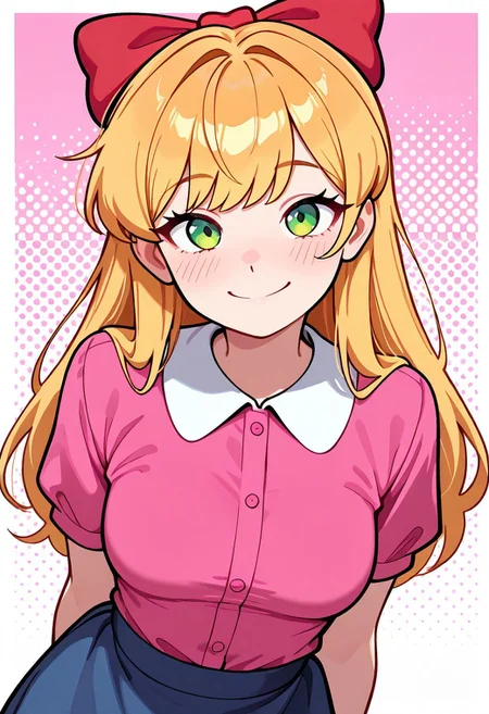 masterpiece, best quality, amazing quality, very aesthetic, absurdres, newest, detailed background, foreground blur, (( cartoon, )),
elizabafton, 1girl, red bow , hair bow, long hair, blonde ginger, hair, green eyes, short sleeves, bright pink buttoned shirt, blue skirt, medium breasts, looking at viewer, smile, pink background,
upper body, halftone effect, white borders, abstract background:1.2,