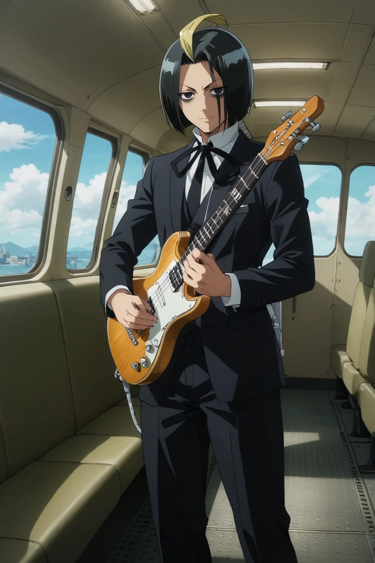 score_9, score_8_up, score_7_up, source_anime, rating_safe, intricate details, anime screencap, , , looking at viewer, , 1boy, solo, male focus, <lora:seigen_amawaka_pony:0.88>, seigen_amawaka, black hair, black eyes, , multicolored hair, two-tone hair, streaked hair, blonde hair, ahoge, full body, plane, dark, holding instrument, seductive smile, gorilla costume, <lora:sdxl_lightning_8step_lora:1>