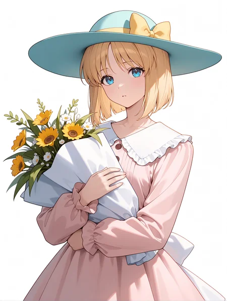 masterpiece,best quality,newest,
1girl,solo,
<lora:flower_girl_ilxl_v1.1:1>,f_g,blonde hair,short hair,blue eyes,f_hat,yellow bow,f_clothes,long sleeves,dress,medium skirt,holding bouquet,
<lora:Fixhands_anime_bdsqlsz_V1:1>,looking_at_viewer,white_background,simple_background,standing,holding bouquet,expressionless,parted lips,upper_body,