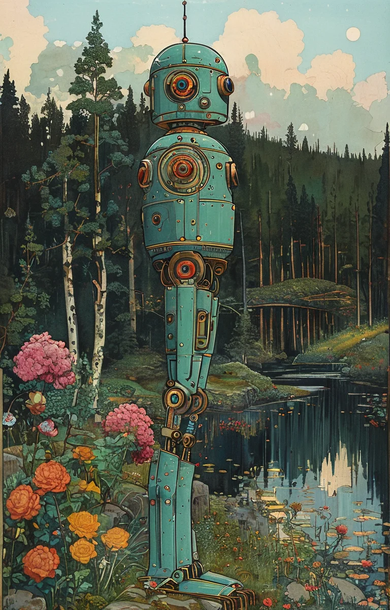 masterpiece,best quality,<lora:tbh166-sdxl:0.9>,illustration,style of Ivan Bilibin, portrait of Housework robots