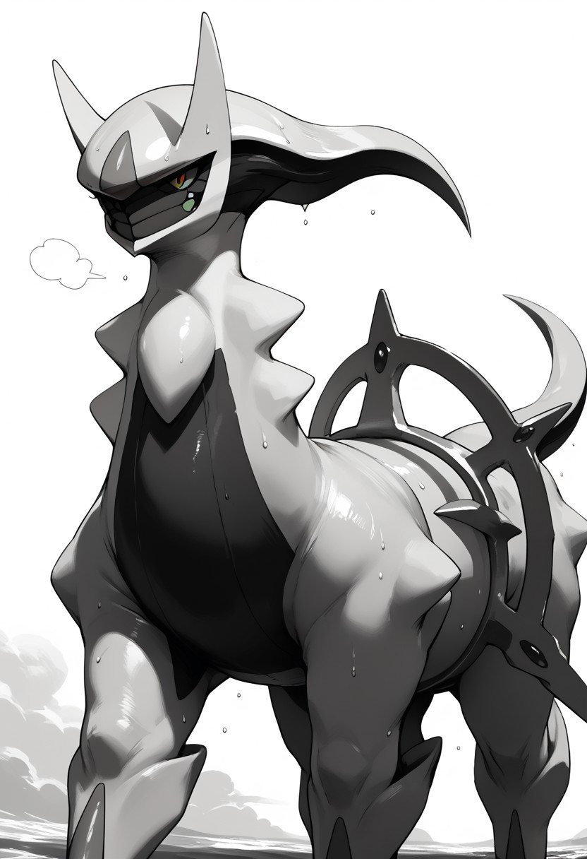 score_9, score_8_up, score_7_up, black and white, simple background, source_anime, arceus, Arceus, Solo, sweating, Flat_chested, green eyes, tail