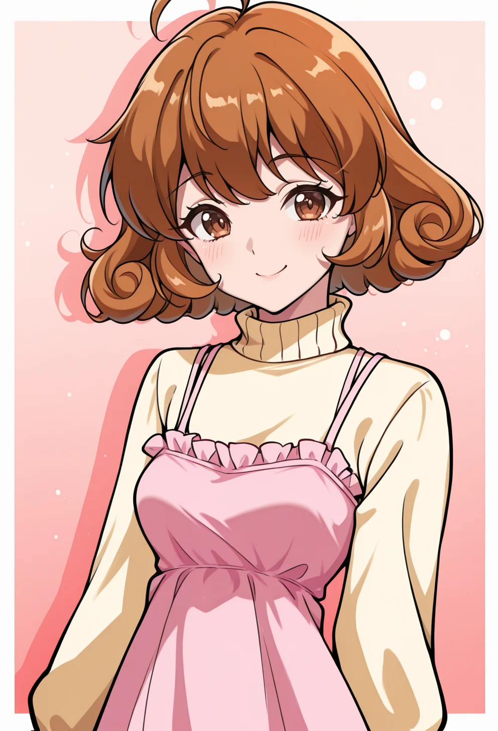 masterpiece, best quality, high quality, anime, <lora:AEYui_1:1>
AeYuiDef, brown eyes, brown hair, curly hair, short hair, smile, casual, frilled turtleneck, yellow long sleeves, pink dress, spaghetti strap, sweater under dress,