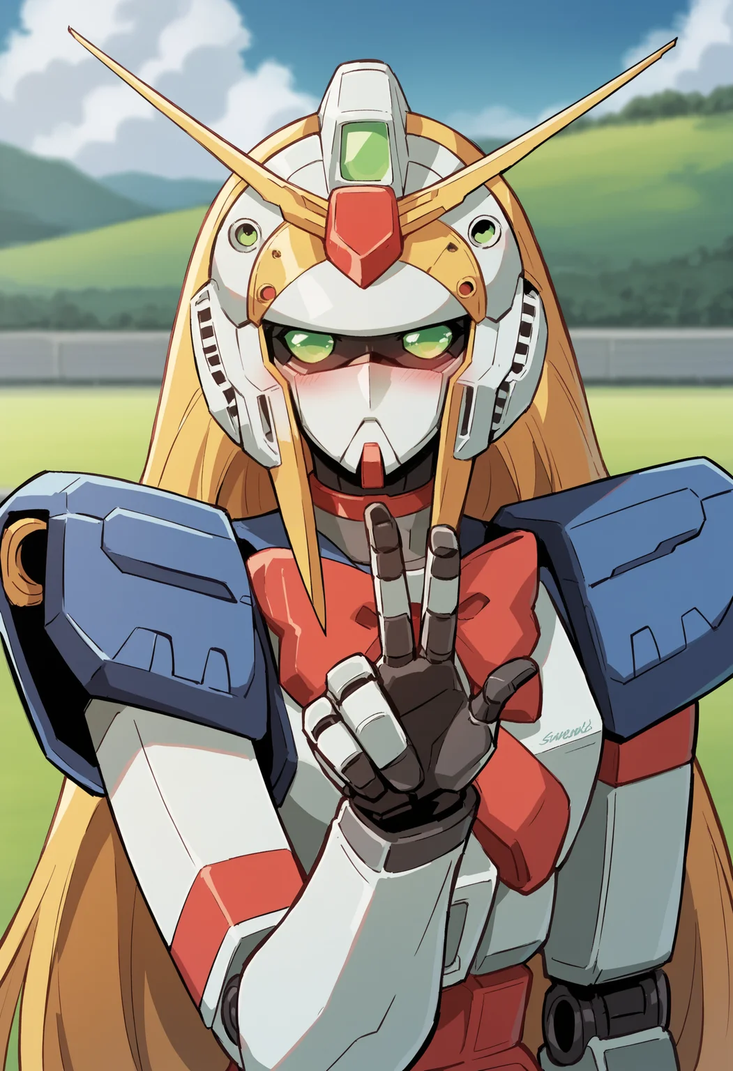 score_9, score_8_up, score_8, source_anime, <lora:NobelGundamF:0.85> solo, robot, mecha, green eyes, no humans, long hair, very long hair, blonde hair, v-fin, bow, red bow, looking at viewer, upper body, (v sign), blush,
(grasslands background), blurry background,