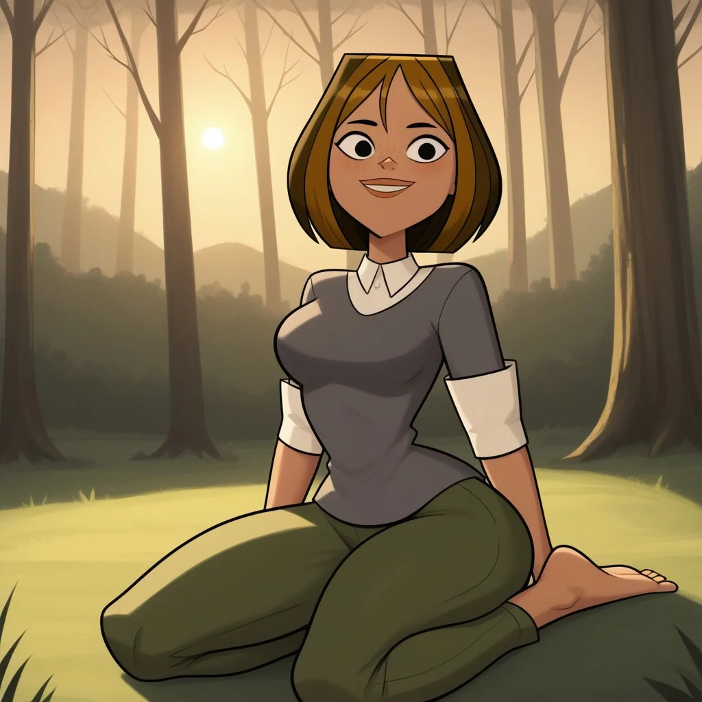score_9, score_8, BREAK, solo, brown hair, black eyes, lips, collared shirt, grey sweater, short sleeves, green pants, dark skin, barefoot, freckles, breasts, Total Drama, Courtney_(Total_Drama), sexy pose, smile, outdoors, sunlight, shadows, evening lighting, natural lighting, forest, trees, grass, orange sky, sunset