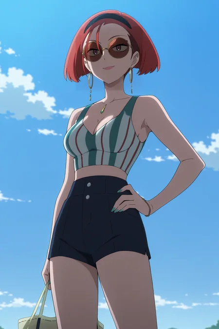 volumetric lighting, official style, amazing quality, ultra detailed, highres, detailed background, anime screenshot, anime screencap, anime coloring, masterpiece, detailed face,1girl <lora:Annqi__v3:0.9>Annqi, sunglasses, breasts, cleavage, jewelry, earrings, sky, hand on hip, blue sky, bag, red hair, smile, short hair, medium breasts, holding bag, shorts, day, cloud, striped, tinted eyewear, crop top, nail polish, red-tinted eyewear