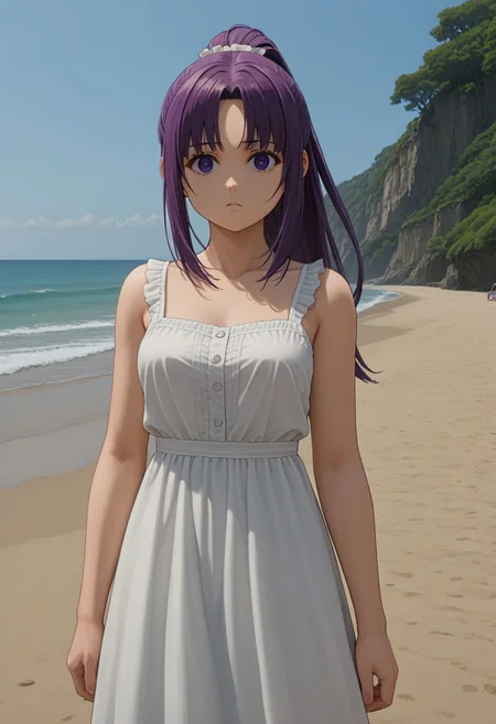 score_9, score_8_up, source_anime, 1girl, fern \(sousou no frieren\), purple hair, ponytail, parted bangs, sundress, beach, looking at viewer, confused