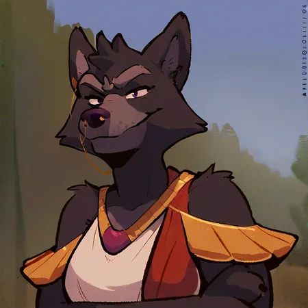 score_9, score_8_up, score_8, furry, Virginia, wolf, dark fur, purple eyes, gold earring, gold nose piercing, cartoon style, 2d, furry female, solo, upper body focus, face close up, white dress, gold necklace, arms crossed, smirk, looking at viewer, outside